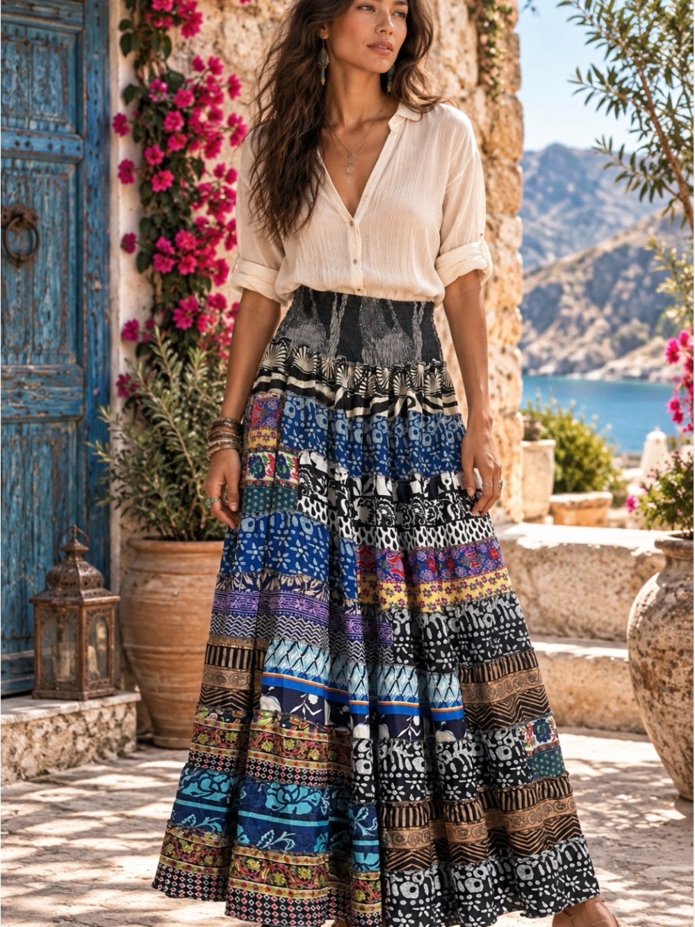 Boho Patchwork Maxi Skirt in Blue and Black